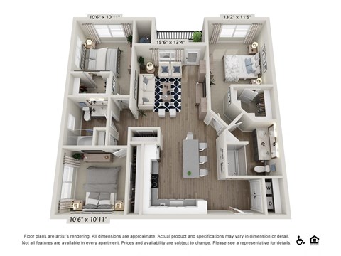 Floor plan for 3 beds, 2 baths, 1270 sqft